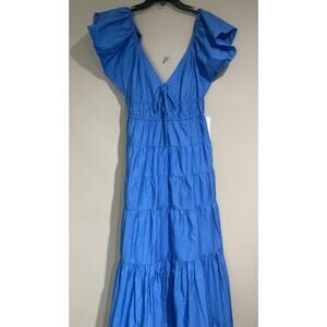 MOON RIVER Blue Tiered Ruffle Sleeve Boho Cottagecore Tiered Maxi Dress Sz Sm
